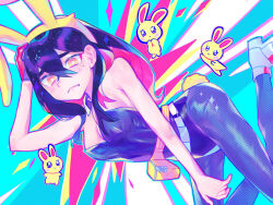 Rule 34 | 1girl, adapted costume, animal ears, arm up, belt, belt buckle, black hair, breasts, buckle, carmine (pokemon), cleavage, colored inner hair, commentary request, creatures (company), crossed bangs, fanny pack, frown, game freak, gloves, hair between eyes, hairband, highres, iro (mywife sunny), leotard, long hair, medium breasts, mole, mole under eye, multicolored hair, nintendo, pantyhose, parted lips, pokemon, pokemon sv, rabbit ears, shoes, single glove, solo, tearing up, yellow bag, yellow hairband