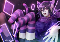 Rule 34 | 1boy, animal ears, artist name, black shorts, brown footwear, cat ears, cat tail, commentary request, danganronpa (series), danganronpa v3: killing harmony, hair between eyes, long hair, looking at viewer, male focus, oma kokichi, open mouth, pink thighhighs, purple eyes, purple thighhighs, sakuyu, shorts, solo, striped clothes, striped thighhighs, tail, thighhighs, tongue, tongue out