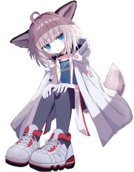Rule 34 | 1girl, absurdres, ahoge, animal ears, arknights, black choker, black pantyhose, blue eyes, blue shirt, blush, brown hair, cape, choker, fox ears, fox girl, fox tail, gloves, highres, hood, hood down, hooded cape, invisible chair, looking at viewer, material growth, neumo ( neumo ), oripathy lesion (arknights), pantyhose, parted lips, shirt, shoes, short hair, simple background, sitting, solo, sussurro (arknights), tail, white background, white cape, white footwear, white gloves
