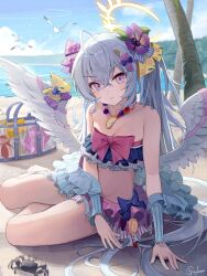 Rule 34 | 1girl, absurdres, angel wings, azusa (blue archive), azusa (swimsuit) (blue archive), bare shoulders, beach, bead necklace, beads, bikini, bikini skirt, blue archive, breasts, cloud, commentary, crab, feathered wings, flower, food-themed hair ornament, frilled bikini, frills, ginlear, hair between eyes, hair flower, hair ornament, halo, highres, jewelry, long hair, looking at viewer, low wings, multicolored bikini, multicolored clothes, necklace, ocean, official alternate costume, outdoors, palm tree, pink eyes, purple eyes, purple flower, ribbon, ribbon-trimmed swimsuit, ribbon trim, sand, sky, small breasts, solo, strapless, strapless bikini, swimsuit, tree, water, watermelon hair ornament, white hair, white wings, wing bow, wings