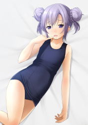 Rule 34 | 1girl, bed sheet, blue one-piece swimsuit, collarbone, commentary request, cowboy shot, double bun, finger to mouth, flat chest, hair bun, highres, looking at viewer, lying, old school swimsuit, one-piece swimsuit, open mouth, original, pinky out, purple eyes, purple hair, school swimsuit, shibacha, short hair, solo, swimsuit