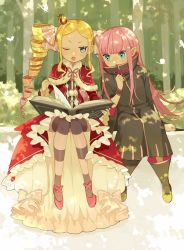 Rule 34 | 2girls, beatrice (re:zero), blonde hair, blue eyes, blunt bangs, book, butterfly-shaped pupils, capelet, crown, dappled sunlight, dress, drill hair, forest, frilled dress, frilled sleeves, frills, fur-trimmed capelet, fur trim, highres, lewes meyer, mini crown, multiple girls, nature, one eye closed, open mouth, pantyhose, parupin, pink hair, re:zero kara hajimeru isekai seikatsu, reading, ribbon, sitting, sunlight, symbol-shaped pupils, twin drills