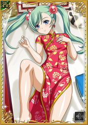 Rule 34 | 00s, 1girl, bare legs, barefoot, blue eyes, blush, breasts, card (medium), china dress, chinese clothes, curvy, dress, earrings, female focus, green hair, hair bobbles, hair ornament, ikkitousen, jewelry, long hair, looking at viewer, magatama, magatama earrings, open mouth, shiny skin, shokatsuryou koumei, small breasts, solo, twintails