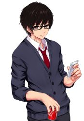 Rule 34 | 1boy, black-framed eyewear, black cardigan, black pants, brown eyes, brown hair, buttons, can, cardigan, cellphone, closed mouth, collared shirt, commentary request, drink can, expressionless, hair between eyes, holding, holding phone, ishimiso (ishimura), long sleeves, looking at viewer, male focus, necktie, original, pants, phone, red necktie, school uniform, shirt, simple background, sleeves pushed up, smartphone, soda can, solo, standing, upper body, white background, white shirt, wing collar