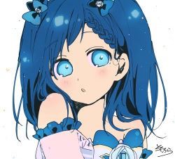 Rule 34 | 1girl, absurdres, aiba uiha, bare shoulders, blue bow, blue eyes, blue hair, blush, bow, braid, braided bangs, detached sleeves, frilled sleeves, frills, hair bow, highres, long hair, looking at viewer, nijisanji, parted lips, puffy sleeves, see-through, see-through sleeves, signature, simple background, sofra, solo, upper body, virtual youtuber, white background