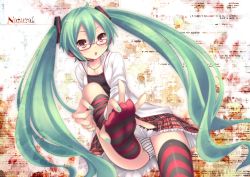 Rule 34 | 1girl, :o, aqua hair, aqua nails, bespectacled, brown eyes, feet, foot focus, glasses, green hair, hands on feet, hatsune miku, headset, jewelry, kocchi muite baby (vocaloid), long hair, nail polish, necklace, no shoes, open mouth, panties, pantyshot, plaid, plaid skirt, project diva, project diva (series), project diva 2nd, red eyes, ryo (botugo), sitting, skirt, soles, solo, striped clothes, striped panties, striped thighhighs, thighhighs, toes, twintails, underwear, upskirt, very long hair, vocaloid