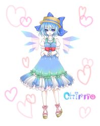Rule 34 | 1girl, adapted costume, blue eyes, blue hair, bow, character name, cirno, dress, hair bow, hat, heart, mashushu, matching hair/eyes, sandals, short hair, solo, touhou, wings