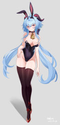 Rule 34 | 1girl, absurdres, ahoge, animal ears, artist name, balloon 79, bare shoulders, bell, black leotard, black thighhighs, blue hair, blush, breasts, dated, fake animal ears, full body, ganyu (genshin impact), genshin impact, groin, hand on own hip, high heels, highleg, highleg leotard, highres, horns, leotard, long hair, looking at viewer, medium breasts, neck bell, playboy bunny, purple eyes, rabbit ears, sidelocks, smile, solo, standing, strapless, strapless leotard, thigh gap, thighhighs, thighs