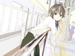 Rule 34 | 1girl, 2boys, androgynous, bad id, bad pixiv id, brown eyes, brown hair, long hair, multiple boys, original, pale color, partially colored, people, railing, shuku, tactile paving, train, train station