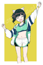 Rule 34 | 1girl, ^ ^, alternate costume, animal ears, bare legs, bike shorts, bike shorts under shorts, black hair, breasts, cat ears, clenched hands, closed eyes, collarbone, cropped legs, dolphin shorts, fake animal ears, fang, federicfederica, green sports bra, highres, idolmaster, idolmaster cinderella girls, jacket, maekawa miku, medium breasts, navel, open clothes, open jacket, open mouth, outstretched arm, ponytail, shorts, shouting, simple background, smile, solo, sports bra, track jacket, watch, white shorts, wristwatch
