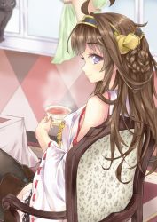 Rule 34 | 10s, 1girl, ahoge, bad id, bad pixiv id, bare shoulders, boots, brown eyes, brown hair, cat, chair, curtains, hairband, headgear, japanese clothes, kantai collection, kongou (kancolle), long hair, marisasu (marisa0904), purple eyes, sitting, skirt, smile, solo, thigh boots, thighhighs, window
