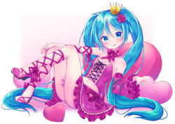 Rule 34 | 1girl, :q, absurdres, asymmetrical sleeves, blue hair, blue nails, blush, breasts, chain, choker, cleavage, closed mouth, collarbone, criss-cross halter, crown, detached sleeves, floating hair, flower, full body, hair between eyes, hair flower, hair ornament, halterneck, hatsune miku, heart, heart-shaped pillow, highres, layered skirt, layered sleeves, leg ribbon, long hair, long sleeves, looking at viewer, midriff, mini crown, miniskirt, nail polish, navel, paya (alunair), pillow, red flower, red footwear, red ribbon, red skirt, red sleeves, ribbon, ribbon choker, rose, simple background, single sleeve, skirt, small breasts, smile, solo, stomach, tongue, tongue out, twintails, very long hair, vocaloid, white background