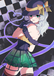 Rule 34 | 1girl, :p, absurdres, adapted costume, arm at side, bare shoulders, black background, black gloves, black hat, black thighhighs, blush, bow, commentary, cowboy shot, diamond (shape), english commentary, finger to mouth, floral print, from side, gloves, gradient skirt, green eyes, green skirt, grey hair, hair between eyes, hand up, hat, hat bow, hat ribbon, heart, heart of string, highres, index finger raised, komeiji koishi, long hair, looking at viewer, miniskirt, oekaki, off-shoulder shirt, off shoulder, pleated skirt, print skirt, ribbon, rose print, shirt, simple background, skirt, smile, solo, thighhighs, tongue, tongue out, touhou, tsurime, wavy hair, xantam0129, yellow bow, yellow ribbon, yellow shirt, zettai ryouiki