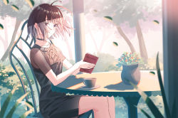 Rule 34 | 1girl, ahoge, bad id, bad pixiv id, bare legs, black dress, blunt bangs, book, brown dress, brown eyes, brown hair, bush, chair, choker, closed mouth, collarbone, cup, day, dress, falling leaves, flower, flower pot, hair blowing, highres, holding, holding book, koh rd, leaf, legs together, light smile, looking at viewer, original, plant, potted plant, reading, short hair, short sleeves, sitting, smile, solo, table, tree, two-tone dress