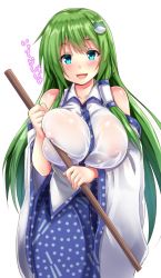 Rule 34 | 1girl, :d, bad id, bad twitter id, bare shoulders, blue eyes, blue skirt, blush, breast press, breasts, broom, collarbone, collared shirt, covered erect nipples, cowboy shot, deep skin, detached sleeves, ebi 193, frog hair ornament, green hair, hair ornament, hair tubes, holding, holding broom, huge breasts, japanese clothes, kochiya sanae, long hair, looking at viewer, miko, no bra, open mouth, polka dot, polka dot skirt, see-through, see-through silhouette, shirt, skirt, sleeveless, sleeveless shirt, smile, solo, touhou, translated, very long hair, wet, wet clothes, white background, white shirt, wide sleeves