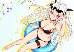 Rule 34 | 1girl, antenna hair, arm at side, arm up, armpits, azur lane, bare arms, bare legs, bare shoulders, barefoot, bikini, black bikini, black choker, black ribbon, blush, breasts, choker, cleavage, closed mouth, collarbone, deal with it (meme), eyewear on head, flag print, from above, german flag bikini, hair between eyes, highres, innertube, large breasts, long hair, meme, multicolored hair, navel, prinz eugen (azur lane), prinz eugen (unfading smile) (azur lane), red hair, ribbon, side-tie bikini bottom, silver hair, sitting, smile, solo, sparkle background, stomach, swim ring, swimsuit, thigh strap, tsurime, two-tone hair, two side up, uxesuto, very long hair