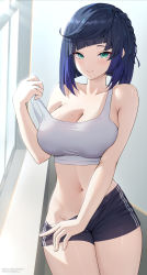Rule 34 | 1girl, absurdres, alternate costume, black shorts, blue hair, blush, bob cut, braid, breasts, cleavage, closed mouth, collarbone, cowboy shot, crop top, dark blue hair, diagonal bangs, genshin impact, gradient hair, green eyes, groin, highres, holding, indoors, large breasts, looking at viewer, mole, mole on breast, multicolored hair, navel, off shoulder, rosumerii, short hair, short shorts, shorts, sidelocks, smile, solo, standing, stomach, tank top, thighs, watermark, web address, white tank top, yelan (genshin impact)