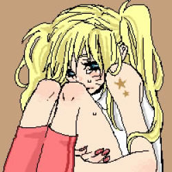 Rule 34 | 1girl, artist request, bare arms, blonde hair, blue eyes, brown background, closed mouth, crying, facial mark, genderswap, genderswap (mtf), hugging own legs, long hair, looking down, lowres, naruko (naruto), naruto, naruto (series), oekaki, sad, simple background, sitting, sleeveless, solo, tank top, tears, twintails, uzumaki naruto, whisker markings, whiskers, white tank top