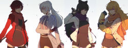 Rule 34 | 4girls, aged up, alternate costume, arm at side, arm up, artist name, holding behind back, belt, black bow, black gloves, black hair, black legwear, black skirt, blake belladonna, blonde hair, blue bow, blue eyes, blurry, blush, bow, breasts, brown dress, brown gloves, brown legwear, buttons, cleavage, closed mouth, cowboy shot, dress, earrings, fingerless gloves, gloves, grey background, grey eyes, hair bow, holding, holding sword, holding weapon, ilya kuvshinov (style), jacket, jewelry, koyorin, lance, long hair, long sleeves, looking at viewer, looking away, md5 mismatch, medium breasts, multiple girls, open clothes, open jacket, polearm, ponytail, purple scarf, red dress, red hair, red jacket, red scarf, resolution mismatch, ruby rose, rwby, sash, scar, scar across eye, scar on face, scarf, shade, sheath, sheathed, shirt, short hair, silver hair, simple background, skirt, small breasts, smile, source larger, standing, stud earrings, sword, thighhighs, unbuttoned, unsheathing, watermark, weapon, web address, weiss schnee, white background, white shirt, yang xiao long, yellow eyes, zettai ryouiki