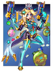 Rule 34 | 1girl, adapted costume, aqua gloves, aqua leotard, aqua thighhighs, blonde hair, blue eyes, bodystocking, border, breasts, chimney, comet, covered erect nipples, crown, dual wielding, eyebrows, eyelashes, facing away, full body, gem, gloves, grass, gun, hair ornament, handgun, highres, holding, holding gun, holding weapon, house, leg up, leotard, lipstick, long hair, looking away, luma (mario), makeup, mario (series), medium breasts, nintendo, oomasa teikoku, open mouth, outline, planet, red lips, rosalina, shiny clothes, skin tight, solo, space, standing, standing on one leg, star (sky), star (symbol), star hair ornament, super mario galaxy, thighhighs, tree, trigger discipline, water, weapon, white border, white outline