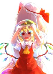 Rule 34 | 2girls, animal ears, ascot, back-to-back, blonde hair, blouse, borrowed clothes, bow, collared shirt, flandre scarlet, green hat, hat, hat bow, long hair, multiple girls, open mouth, rabbit ears, red eyes, reisen udongein inaba, ryuu (tsukinoyuki), shirt, side ponytail, simple background, touhou, very long hair, white background, white shirt, wings