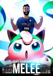 Rule 34 | 1boy, angry, beard, black hair, blue eyes, blue shirt, character name, clenched hands, closed eyes, commentary, copyright name, creatures (company), english text, facial hair, frown, game freak, gen 1 pokemon, green headband, green headwear, headband, hungrybox, jigglypuff, looking at viewer, melee, nintendo, open mouth, pokemon, pokemon (creature), real life, screaming, shirt, short hair, standing, super smash bros., team liquid, tom skender, twitter username, white background