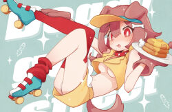Rule 34 | 1girl, animal collar, animal ears, animal hands, apron, bone hair ornament, breasts, brown hair, cartoon bone, collar, crop top, dog ears, dog girl, dog tail, doggy god&#039;s street, food, full body, gloves, hair ornament, hand on own leg, highres, holding, holding plate, hololive, inugami korone, looking at viewer, medium hair, midriff, navel, pancake, pancake stack, paw gloves, plate, red collar, red eyes, roller skates, shirt, skates, skirt, sleeveless, sleeveless shirt, small breasts, smile, sorrau, sparkle, spiked collar, spikes, tail, tongue, tongue out, underboob, virtual youtuber, waist apron, yellow shirt, yellow skirt