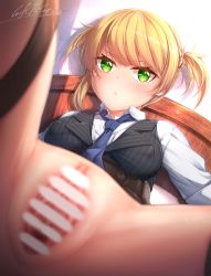 Rule 34 | 1girl, :&lt;, absurdres, artist name, bar censor, black thighhighs, blonde hair, blue necktie, blurry, blurry foreground, bottomless, breasts, censored, corset, girls&#039; frontline, green eyes, highres, looking at viewer, luft7star, medium breasts, necktie, pussy, short hair, signature, solo, spread legs, spread pussy, thighhighs, twitter username, two side up, welrod mkii (girls&#039; frontline)