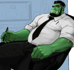 Rule 34 | 1boy, bara, beard, belly, black pants, bulge, colored skin, dopey (dopq), facial hair, fangs, fat, fat man, formal, green skin, highres, large pectorals, looking at viewer, male focus, monster boy, muscular, muscular male, necktie, orc, original, pants, pectorals, pointy ears, salaryman, shirt, short hair, sitting, sleeves rolled up, solo, thick thighs, thighs, white shirt