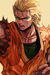 Rule 34 | 1boy, black eyes, blonde hair, green shirt, hungry clicker, male focus, muscular, open mouth, orange vest, ryou sakazaki, ryuuko no ken, shirt, simple background, snk, solo, the king of fighters, torn clothes, torn sleeves, upper body, vest, wristband, yellow background