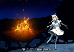 Rule 34 | burning, buttons, closed eyes, dai mahou touge, dancing, dress, fire, girls&#039; frontline, gloves, grey hair, long hair, manticore (girls&#039; frontline), name connection, night, night sky, open mouth, pantyhose, ress, rock, scene reference, sky, smile, star (sky), starry sky, striped clothes, striped gloves, striped legwear, striped pantyhose, tokarev (girls&#039; frontline), vertical-striped clothes, vertical-striped pantyhose
