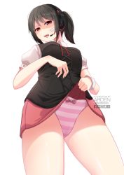 Rule 34 | 1girl, ardenlolo, artist name, backlighting, bandaid, bandaid on face, black hair, bow, bow panties, breasts, clothes lift, from below, headset, iya na kao sare nagara opantsu misete moraitai, lifting own clothes, medium breasts, original, paid reward available, pale skin, panties, red eyes, simple background, solo, striped clothes, striped panties, teeth, thighs, twitter logo, underwear, upper teeth only, white background