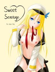 Rule 34 | 1girl, bad id, bad pixiv id, black panties, black thighhighs, blonde hair, blue eyes, bow, bow panties, breasts, character name, cleavage, groin, highres, lieseloli, long hair, medium breasts, mouth hold, navel, nipples, open clothes, panties, partially undressed, saratoga (warship girls r), solo, thighhighs, underwear, warship girls r, yellow background