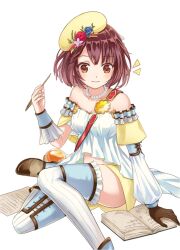 1girl atelier_(series) atelier_questboard atelier_sophie bare_shoulders beret book breasts brown_eyes brown_gloves brown_hair closed_mouth commentary_request flower frilled_thighhighs frills gloves hand_up hat hat_flower highres jewelry looking_down medium_breasts navel necklace official_alternate_costume official_art open_book pearl_necklace second-party_source short_hair shorts simple_background single_glove sitting smile solo sophie_neuenmuller sophie_neuenmuller_(new_self) thighhighs white_background yellow_hat yellow_shorts