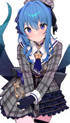 Rule 34 | 1girl, absurdres, ascot, blue ascot, blue choker, blue gloves, blue hair, blue ribbon, blush, choker, closed mouth, cowboy shot, dress, gloves, grey dress, grey hat, hair between eyes, hair ribbon, hat, highres, hololive, hoshimachi suisei, hoshimachi suisei (1st costume), long hair, long sleeves, looking at viewer, morumoru x, partially fingerless gloves, plaid, plaid dress, plaid headwear, purple eyes, ribbon, simple background, solo, star (symbol), star in eye, symbol in eye, thigh strap, virtual youtuber, white background