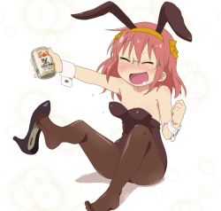 Rule 34 | 1girl, animal ears, bare shoulders, beer can, black leotard, black pantyhose, blush, breasts, brown hair, bunny day, can, collarbone, drink can, drunk, fake animal ears, flat chest, glasses, happy, kobayashi-san chi no maidragon, kobayashi (maidragon), leotard, long hair, motokazu (dontokodon), open mouth, pantyhose, playboy bunny, rabbit ears, saliva, shiny skin, sitting, small breasts, smile, solo