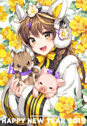 Rule 34 | 1girl, 2019, :d, animal ears, artist name, black shirt, blush, boar, bow, braid, brown eyes, brown hair, camellia, chinese zodiac, coat, commentary request, fake animal ears, fangs, flower, fur-trimmed sleeves, fur coat, fur trim, hair bow, hair flower, hair ornament, happy new year, head tilt, highres, leaf, long hair, long sleeves, looking at viewer, nardack, neck ribbon, new year, open mouth, original, pig, pom pom (clothes), purple ribbon, quad tails, ribbon, shirt, sidelocks, smile, solo, tassel, teeth, upper body, upper teeth only, white coat, white flower, wide sleeves, year of the pig, yellow bow, yellow flower, yellow ribbon