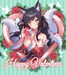 Rule 34 | 1girl, ahri (league of legends), animal ears, artist name, black hair, box, braid, breasts, english text, fingernails, flower, fox ears, fox tail, gift, green background, happy valentine, heart, heart-shaped box, holding, holding gift, large breasts, league of legends, looking at viewer, multiple tails, red nails, rose, saylamars, sharp fingernails, smile, solo, striped background, tail, valentine, white tail, yellow eyes