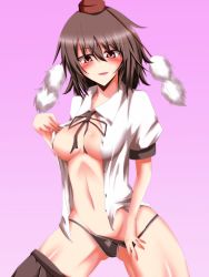 Rule 34 | 1girl, bad id, bad pixiv id, between breasts, black hair, black panties, blush, breasts, cleavage, female focus, hat, highres, large breasts, looking at viewer, navel, open clothes, open mouth, open shirt, panties, panty pull, red eyes, shameimaru aya, shirt, short hair, solo, suterii, thighs, tokin hat, touhou, underwear, undressing, white shirt
