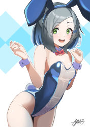 Rule 34 | 1girl, animal ears, ayuman, black hair, blue background, blue leotard, bow, bowtie, breasts, covered navel, detached collar, fake animal ears, fake tail, green eyes, kantai collection, kuroshio (kancolle), leotard, meme attire, nontraditional playboy bunny, open mouth, playboy bunny, rabbit ears, rabbit tail, red bow, red bowtie, short hair, small breasts, smile, solo, strapless, strapless leotard, tail, traditional bowtie, translucent bunnysuit, two-tone leotard, white background, white leotard, wrist cuffs