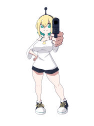 Rule 34 | 1girl, absurdres, aiming, aiming at viewer, alternate breast size, amano pikamee, black footwear, black hairband, black shorts, blonde hair, breasts, bright pupils, clenched hand, collarbone, colored inner hair, commentary, foreshortening, green eyes, green hair, gun, hairband, hand on own thigh, handgun, highres, holding, holding gun, holding weapon, holykoshi, large breasts, looking at viewer, multicolored hair, off-shoulder shirt, off shoulder, outstretched arm, shirt, shoes, short hair, shorts, smile, sneakers, solo, standing, thighs, two-tone hair, virtual youtuber, voms, weapon, white pupils, white shirt, wide sleeves