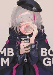 Rule 34 | 1girl, absurdres, beret, black hat, blowing bubbles, chewing gum, commentary request, dc (12696462), girls&#039; frontline, hat, highres, holding, holding lighter, lighter, long sleeves, mdr (girls&#039; frontline), multicolored hair, one eye closed, pink hair, silver hair, solo, streaked hair, two-tone hair, upper body