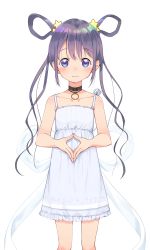 Rule 34 | 1girl, bare arms, bare shoulders, black choker, blush, choker, closed mouth, collarbone, dress, dx (dekusu), fingernails, fingers together, frilled dress, frills, hair between eyes, hair ornament, hair rings, highres, long hair, looking at viewer, original, purple eyes, purple hair, ribbon, sidelocks, simple background, sleeveless, sleeveless dress, smile, solo, star (symbol), star hair ornament, twintails, very long hair, white background, white dress, white ribbon