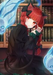 Rule 34 | 1girl, animal ears, black dress, blush, book, bookshelf, braid, cat ears, cat tail, closed mouth, dress, flaming skull, juliet sleeves, kaenbyou rin, long hair, long sleeves, looking at viewer, multiple tails, neko bocchi, puffy sleeves, red eyes, red hair, skull, solo, tail, touhou, twin braids, two tails