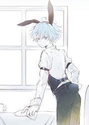Rule 34 | 1boy, ahoge, animal ears, arm strap, black hairband, black pants, blue eyes, blue hair, chongyun (genshin impact), cleaning, collared shirt, commentary, cowboy shot, cup, fake animal ears, fake tail, genshin impact, gloves, hair between eyes, hairband, highres, holding, indoors, long sleeves, looking at viewer, looking back, male focus, mug, pants, parted lips, purinzu, rabbit ears, rabbit tail, rag, shirt, short hair, sketch, solo, spot color, standing, table, tail, white gloves, white shirt, window, wrist cuffs