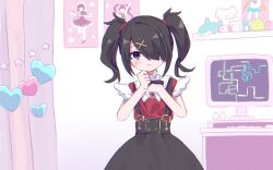 Rule 34 | 1girl, ame-chan (needy girl overdose), black eyes, black hair, black ribbon, black skirt, collared shirt, cowboy shot, curtains, hair ornament, hair over one eye, hands up, hashtag-only commentary, indoors, kabe (zp66104), long hair, looking at viewer, monitor, neck ribbon, needy girl overdose, poster (object), red shirt, ribbon, shelf, shirt, skirt, smile, solo, standing, star (symbol), stuffed animal, stuffed toy, suspender skirt, suspenders, twintails, x hair ornament