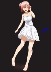 Rule 34 | 1girl, :d, bare arms, bare shoulders, barefoot, black background, blue ribbon, breasts, brown eyes, brown hair, cleavage, collarbone, dated, dress, frilled dress, frills, full body, hair between eyes, hair bun, hand up, looking at viewer, open mouth, revision, ribbon, sakayaya, side bun, signature, single hair bun, single side bun, sleeveless, sleeveless dress, small breasts, smile, solo, standing, standing on one leg, white dress, yahari ore no seishun lovecome wa machigatteiru., yuigahama yui
