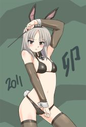 Rule 34 | 10s, 1girl, 2011, animal ears, bikini, black bikini, blush, brave witches, brown eyes, detached sleeves, edytha rossmann, grey hair, highres, mirutsu (milts), navel, rabbit ears, rabbit tail, short hair, solo, strike witches, swimsuit, tail, thighhighs, world witches series