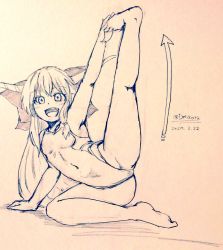 Rule 34 | 1girl, alternate costume, arrow (symbol), bare legs, barefoot, bow, breasts, commentary request, competition swimsuit, covered navel, d-m (dii emu), eyelashes, fang, flexible, greyscale, hair bow, happy, ibuki suika, leg up, long hair, looking at viewer, monochrome, one-piece swimsuit, open mouth, sketch, swimsuit, toes, touhou, traditional media, very long hair