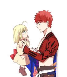 Rule 34 | 1boy, 1girl, age difference, ahoge, appleale19, artoria pendragon (fate), blonde hair, emiya shirou, eye contact, fate/grand order, fate/stay night, fate (series), full body, green eyes, hand on own chin, holding, holding person, igote, korean commentary, limited/zero over, looking at another, red hair, saber (fate), senji muramasa (fate), simple background, size difference, upper body, white background, yellow eyes, aged down